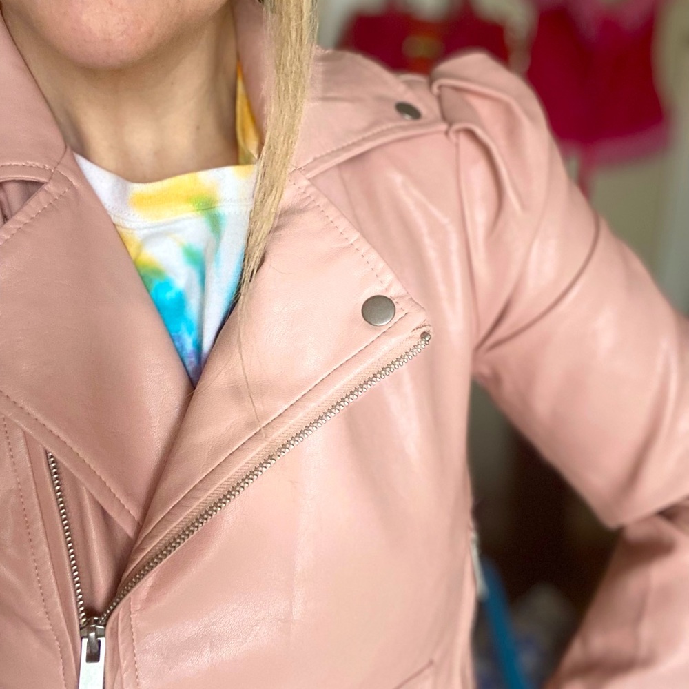 Pink Puff Sleeve Vegan Leather Motorcycle Jacket Coat Sz M EUC